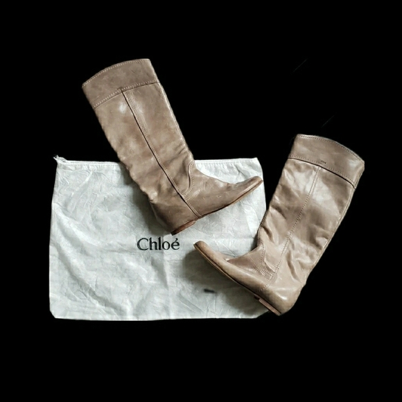 Chloe Shoes - Chloe Knee-High Heloise Grey Leather Boots - Embossed Logo, Classic  Equestrian